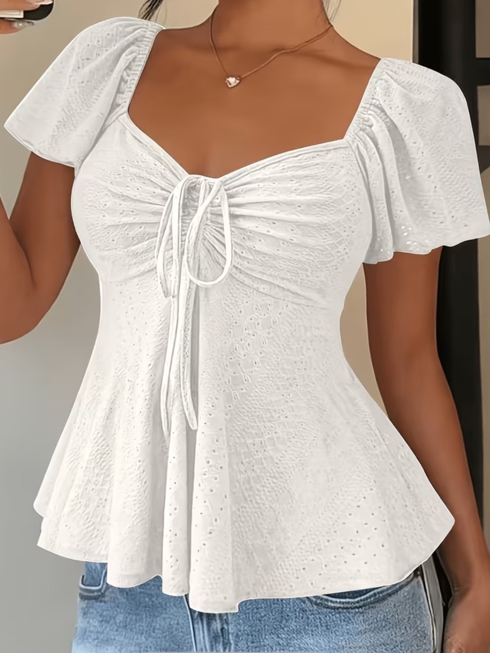 White Tie-Front Puff Sleeve Top